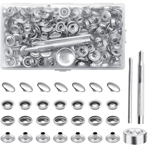 Aoyswuz 200 Piezas Botones Presión Inoxidable con Herramienta de Fijación, Botones de Presión Metálicos Para Coser Jeans de Cuero - Plateado, 15mm