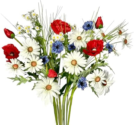 naninoa Künstlicher Wiesenblumenstrauß ca. 60cm. 1x Strauß aus Kamille, Kornblume, Mohn, Margerite, Isolepsis. Blumenstrauß künstlich Frühlingsblumen Sommerblumen Dekoration