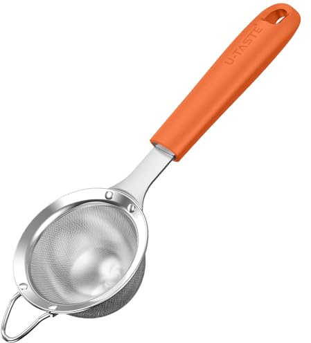 U-Taste Tamiz de malla fina pequeño, colador cocina, acero 18/8, Naranja | 8,5cm con mango de silicona resistente remachado, ideal para tamizar harina, colar té, arroz, quinua