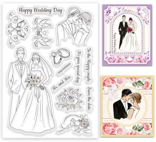 INFUNLY Happy Wedding Day Clear Stamp Bride and Groom Reusable Transparent Stamps Bridal Bouquet Silicone Stamps Wedding Blessing Text Rubber Stamps for Card Making Invitation Photo Album Decor