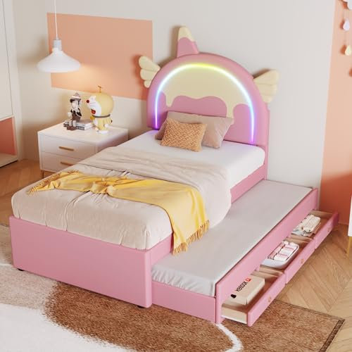 Merax Kinderbett 90x200cm mit LED-Licht, Schlafsofa Tagesbett mit Ausziehbett und Schubladen, Einzelbett mit Lattenrost und Rückenlehne, Kopfteil in Einhornform, PU, Jugendbett, Ohne Matratze, Rosa