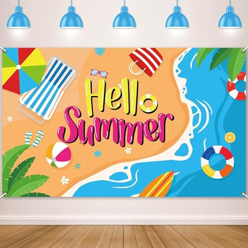 Sommerfest Banner Hello Summer Banner 110 X 180 Cm Pool Beach Hawaii Party Deko Fotoleinwand Hintergrund Sommer für Schwimmbad, Strand, Sommerdeko