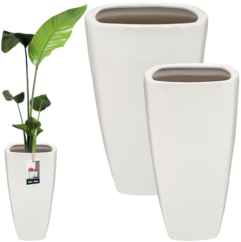 KOTARBAU® 2er Set Keramik Blumentopf hoch - 36, 5 x 59 cm / 28, 5 x 56 cm - Pflanzkübel - Orchideentopf - Bodenvase mit Drainageloch - Übertopf - Blumentöpfe aus Keramik - Glänzend - Weiß