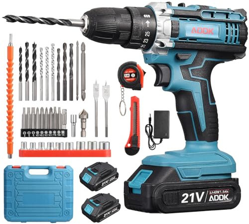 Taladro atornillador inalámbrico de 21 V, destornillador desatornillador inalámbrico con 2 baterías de 1,5 Ah, 25 + 1 ajustes de par, 37 accesorios, 2 velocidades, LED para bricolaje