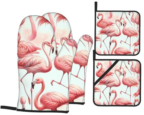 4 Pezzi Presine E Guanti Da Barbecue Flamingos Watercolor Guanti Da Cucina Morbida Guanti Da Forno Divertenti Guanti Barbecue Per Cucina, Cuocere, Grill