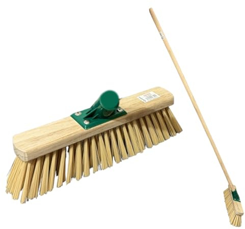 12” Cream 30cm Fiber Soft Broom Outdoor Yard Brush with Synthetic PVC Hard Bristle Brush Durable Support Bracket & 120cm Wooden Brush Handle Heavy Duty Broom Yard Brush Outdoor Garden Sweeping Brush