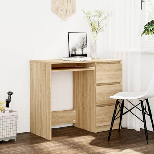 FENLAX Schreibtisch Büro Sonoma-Eiche 90x45x76 cm Holzwerkstoff Eleganten Computertisch mit 3 Schubladen Ordner und Bücher Speichern Schlafzimmer Arbeitstisch für Jugend- und Kinderzimmer