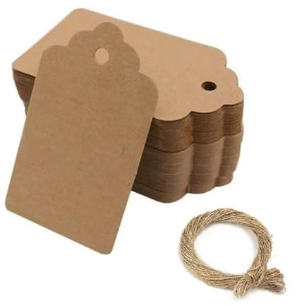Braune Preisschilder mit Schnur | Kraft-Gepäckanhänger | Basteletiketten | Papier-Geschenk-Etiketten | 100 Stück 7 x 4 cm mit Jute-Schnur DIY für Hochzeitsgeschenke