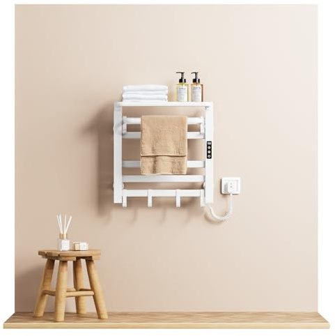 EMKE Toallero Eléctrico de Baño 500 x 500 mm, Blanco, 140W, Toallero con Estante y Ganchos, Temperatura Ajustable 30-70°C, Función Temporizador, Memoria de Corte de Energía
