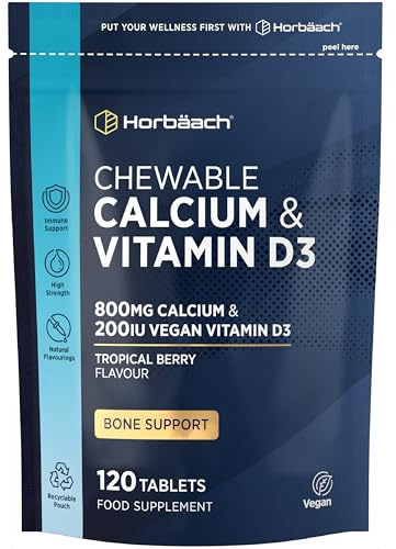 Calcium and Vitamin D Tablets | 800mg Calcium & 200iu Vitamin D3 | Chewable Vegan Supplement | 120 Tablets - Tropical Berry Flavour | by Horbaach