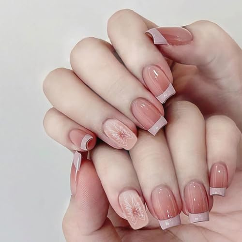 Auriselle 30 Pezzi Press on Nails, Unghie Artificiali, Francese Farfalla Quadrate Lucide Full Cover per Donne e Ragazze, con Gel Morbido, Facile da Applicare, Gradient Rosa-Bianco