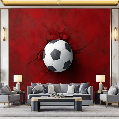 Fotomurales infantiles Fútbol 3D con pared roja agrietada Papel pintado 3D Tv Fondo Pared Moderno Doficina ormitorio Murales Fotomurales Decorativos 300 x 210 cm