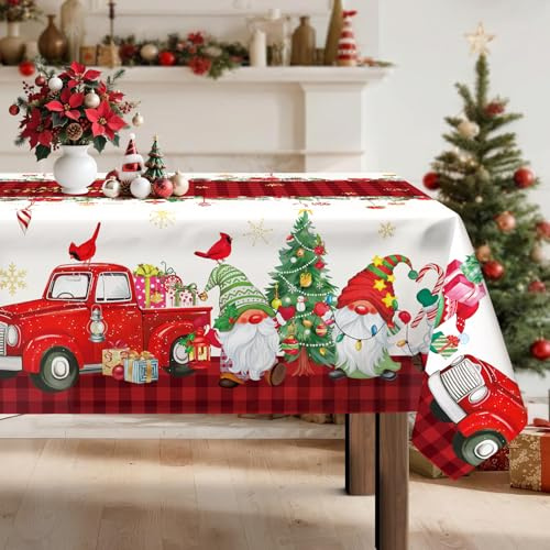 Arquiel Weihnachten Wichtel Tischdecke Rechteckige, Winter Weihnachtsmann Rot Lastwagen Tischtuch Abwaschbar Pflegeleicht Tischdecken Wasserabweisend für Party Abendessen Dekor(152 x 264 cm)