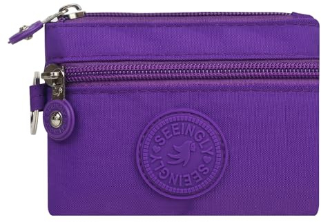 HYJMA Portable Coin Purse Pouch for Women, Dual Zipper Small Wallets Purse Nylon Card Holder with Keychain (Bright Purple)