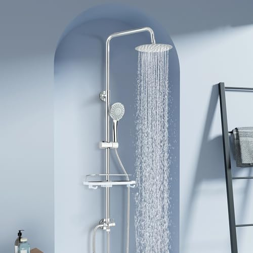 HARNART Colonne de Douche Sans Mitigeur,Colonne de Douche Chromé avec Pommeau de Douche Rond 20x20CM,Colonne de douche Pour Baignoire Hauteur Réglable avec Pommeau de Douche en ABS