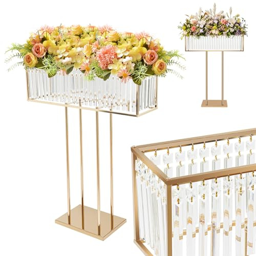 BRRIDE Soporte para flores dorado, centros de mesa para bodas, jarrones rectangulares de columna de metal con colgante de cristal, estantes geométricos para flores para mesa, centros de mesa