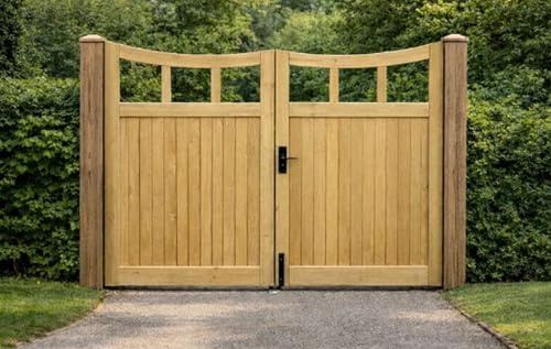 Wooden Under Arch Driveway Gates 5 Foot – Heavy Duty Treated Timber Double Gates, Garden & Driveway Entrance, Traditional (150cm High x 300cm Wide x 5cm Deep)