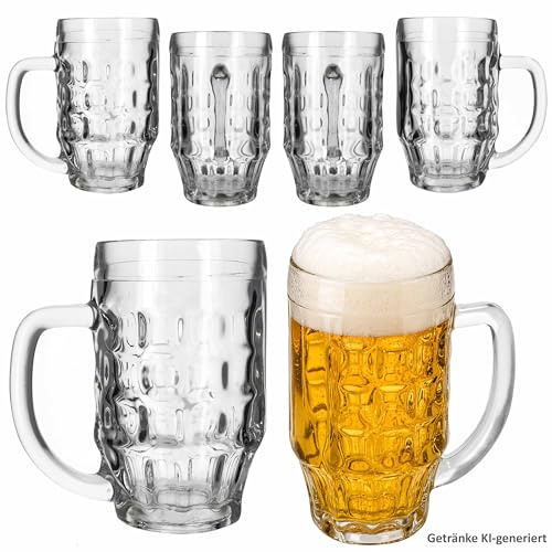 MamboCat Mani - Set di 6 boccali da birra, 0,5 l, calibrato, altezza 15,5 cm, 6 persone, in vetro con scudo, rilievo e manico, boccale da birra per feste di club, feste, bicchieri da birra