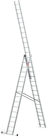 BAULICH - Mehrzweckleiter - Aluleiter - 3in1 Anlegeleiter, Stehleiter, Trittleiter - 16 Sprossen - DREI-Segmentig, Professionell, für Haus-, Renovierungs- und Bauarbeiten, mit Stabilisator, Silber