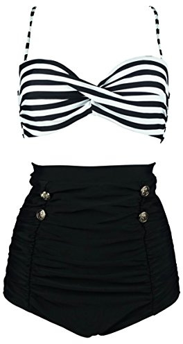 COCOSHIP Black & White Stripe High Waisted Bikini Buttons Vintage Bathing Suit Ruched Swimwear S(US4)