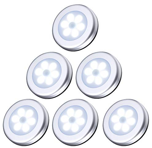 (6 Pack) AMIR Lampe Détecteur de Mouvement, Lampe de Placard, Lampes LED à Détecteur, Alimenté par Batterie (Non Inclus), pour Escalier, Armoires, Alimenté, Facilité d'installation - Argent