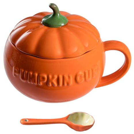 Housoutil Halloween Tazza Di Zucca, 400ml Tazza a Forma Di Zucca Con Coperchio, Creativo Di Latte Tazze Con Cucchiaino Halloween Boccale