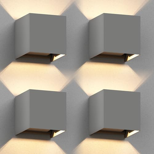 ledscom.de 4x Wandleuchte CUBEL für außen, grau, IP65, Up & Downlight, quadratisch + LED Lampe 501lm, warmweiß