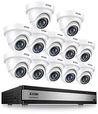 ZOSI 1080P H.265+ Kit Caméra de Surveillance, 16CH DVR avec 12 Caméras de Sécurité Dôme, Disque Dur Intégré de 2 to, Détection de Mouvement, Grand Angle 90°, Accès à Distance, Vision Nocturne 24 m