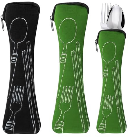 SwirlColor Bestecktasche für Unterwegs Leer 2 Stück Lange Besteckkoffer Tragbare Besteckbox to go Ohne Besteck für Schule Picknick Besteck Aaufbewahrung – Grün, Schwarz (23,5 x 6 cm)