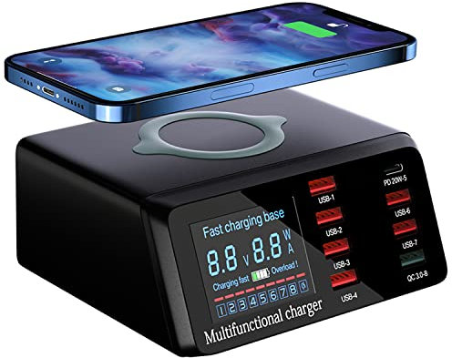 Braveking1 100W 8-Port USB Charger Desktop Charging Station Hub with Quick Charge 18W QC 3.0 USB Port, with 20W PD Fast Charger and LCD Display Wireless Charging Station for iPhone iPad Samsung