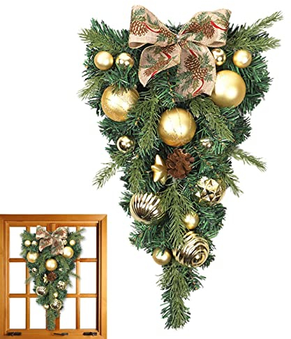 Voiakiu Weihnachtsgirlanden Dekorationen,Tannennadel-Weihnachtsgirlande mit Schleife und Kugeln - Haustürdekorationen für Weihnachtsfeiern