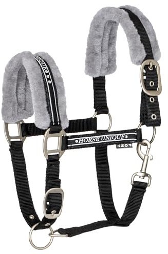 Start Pferdehalfter Elegance – Gepolstert & Verstellbar, Elegantes Halfter mit Strass für Shows & Alltag (Schwarz/Grau, Pony)