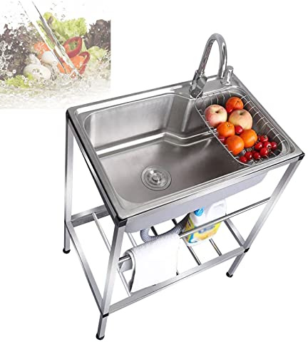 WORDFUN Lavello da Cucina Professionale, Lavello Commerciale in Acciaio Inossidabile, 55x40cm 60x45cm Lavelli Mobile da Cucina, Lavatoio da Giardino Campeggio, Lavandino da Esterno