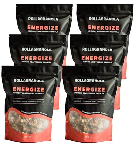 Rollagranola - Energize - Cappuccino Coffee & White Chocolate Oat Granola 6 Pack of 350g. Gluten Free & All Natural Crunchy Adaptogenic Granola. Nutritiously Nootropic Naturally. Handcrafted In The UK