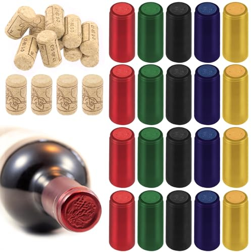 Keadic 130Pcs PVC Heat Shrink Capsules with Natural Wine Corks, Black/Red/Gold/Silver/Blue Wrap Sleeves Caps Tops for Making Cellars and Home Use