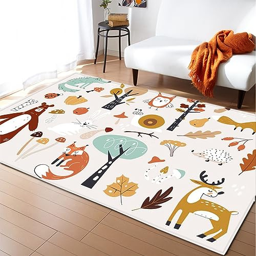 LOMDEM Alfombra Infantil Forest Animal Print Niños Niñas Alfombra de Cabecera Pelo Corto Suave Beige Marrón Alfombra de Juego Lavable Alfombra de Baño Alfombra de Cocina (Color 1,120x160 cm)