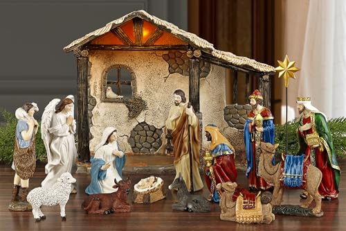 Fovths 16 Pieces Lighted Nativity Set for Christmas Indoor - Deluxe Edition Stable With Resin Figures, Religious Manger Tabletop Holiday Decor - 7 Inches Scale