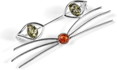 HENRYKA 925 Sterling Silver & Baltic Amber Statement Cat Brooch Pin | Cat Kitten Lover Gifts | Boho Fashion Accessory | Gifts for Mum & Women