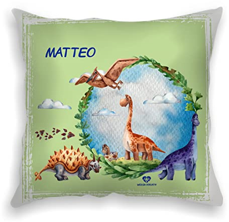 wolga-kreativ personalisiertes Kissen Dinowelt 40x40 cm – Kuschelkissen mit Namen & süßen Kindermotiven – Geschenk zur Geburt, Taufe & Geburtstag –Flauschiges Namenskissen