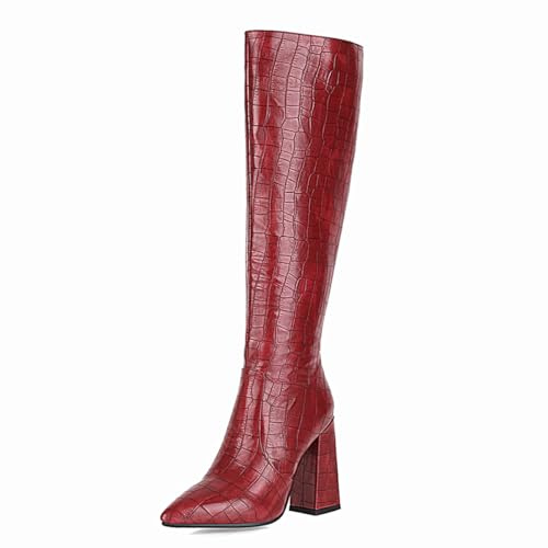 Carkuolary Mujeres Knee Botas Altas with Chunky Heel Puntiagudo Faux Cocodrilo Comodo and Fashionable Retro Botas for Otoño and Invierno Wear para mujer Niñas Señoras Rojo Numero 39