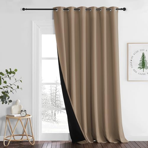 PONY DANCE Extra Breite Gardine mit Ösen Blickdicht 1 Stück H 245 x B 200 cm Thermovorhang Hitzeschutz Doppellagige und Dicke Vorhänge Lichtundurchlässig Raumteiler Vorhang, Cappuccino