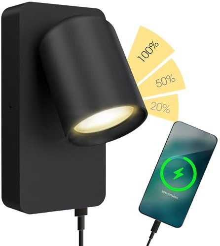 SSC-LUXon NERU Wandleuchte schwarz - Schlafzimmer Leselampe USB mit Schalter inkl. fourSTEP Dimmen ohne Dimmer GU10 LED 5W
