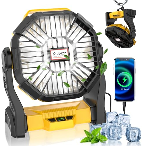 Ventilatore da Campeggio con Luce LED, 4 Velocità 20000mAH Ventilatore Portatile con Gancio, 270° Regolabile Ventilatore da Tavolo, Ventola USB per Pesca, Picnic, Barbecue, Escursionismo (Giallo)