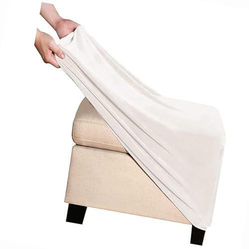 Mswborml Stretch Hockerbezug Samt Quadratisch, Samt Ottomane Bezug Quadratisch, Weiche Hocker Bezug Hocker Husse für Fußhocker mit Elastischem Boden für Wohnzimmer Abnehmbar,Weiß