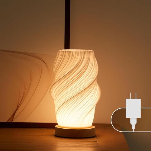 UYKKE Dawnwake Lampada da comodino base in legno - Lampada da tavolo con controllo a pulsante per camera da letto dimmerabile in 12 modi, con paralume in PLA per soggiorno (Bianco-F, Medio)