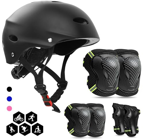 FAYITING Knieschoner Kinder Set 7-in-1, Schoner Inliner Kinder, Knie- und Ellenbogenschützer, Fahrradhelm, Skaterhelm, Skihelm, Protektoren Set, Schwarz M