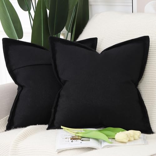 Madizz 2er Set Imitationsleinen Kissenbezügen mit breiter Kante Weiche dekorative Kissenbezüge für Sofa Schlafzimmer Kissenhülle Schwarz 45x45 cm Quadrat