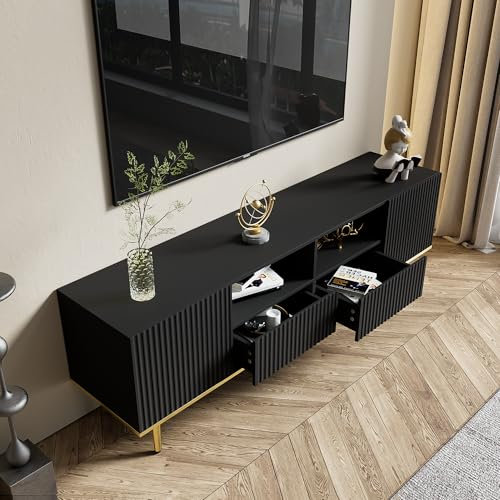 Azkoeesy TV-Schrank Modern 165x36x55 cm mit 2 Schubladen & Türen – TV-Lowboard mit goldenen Metallfüßen, vertikalen Streifen-Design (Schwarz), Stauraum Kommode für Wohnzimmer