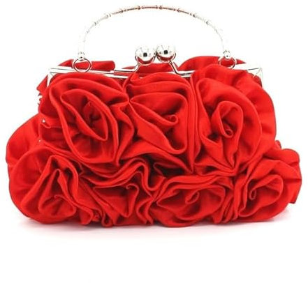 WDZDS 20 x 12 cm Satin-Blumen-Brauttasche, handgenäht, 14 Rosen, Abendessentasche, Satin-Stoff-Kleidertasche, Brauttasche