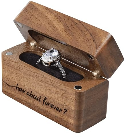 Wislist Wooden Engagement Ring Box for Proposal,Wedding,Walnut Wooden case for Little Slim Ring,Pocket Size Secret(How about forever)